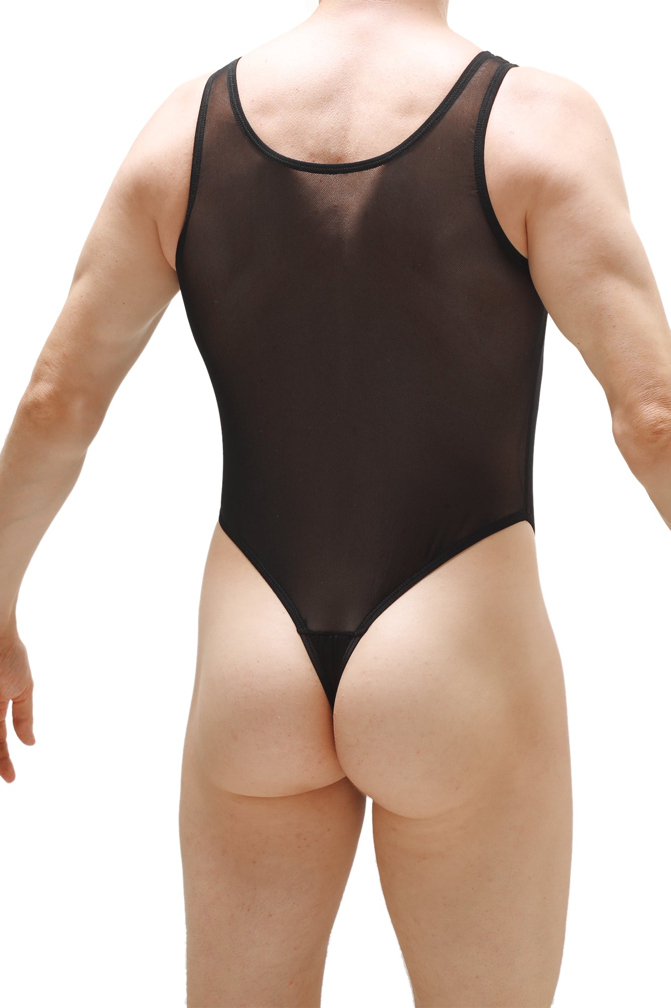 Black sheer mesh one-piece swimsuit with black trim petitq bodythong pencran black visible from front