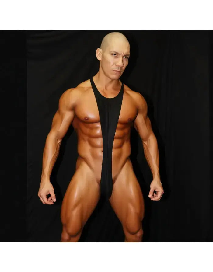 Black eco-leather bodysuit thong with a sleek design worn by a model showcasing a muscular physique by Arroyman.