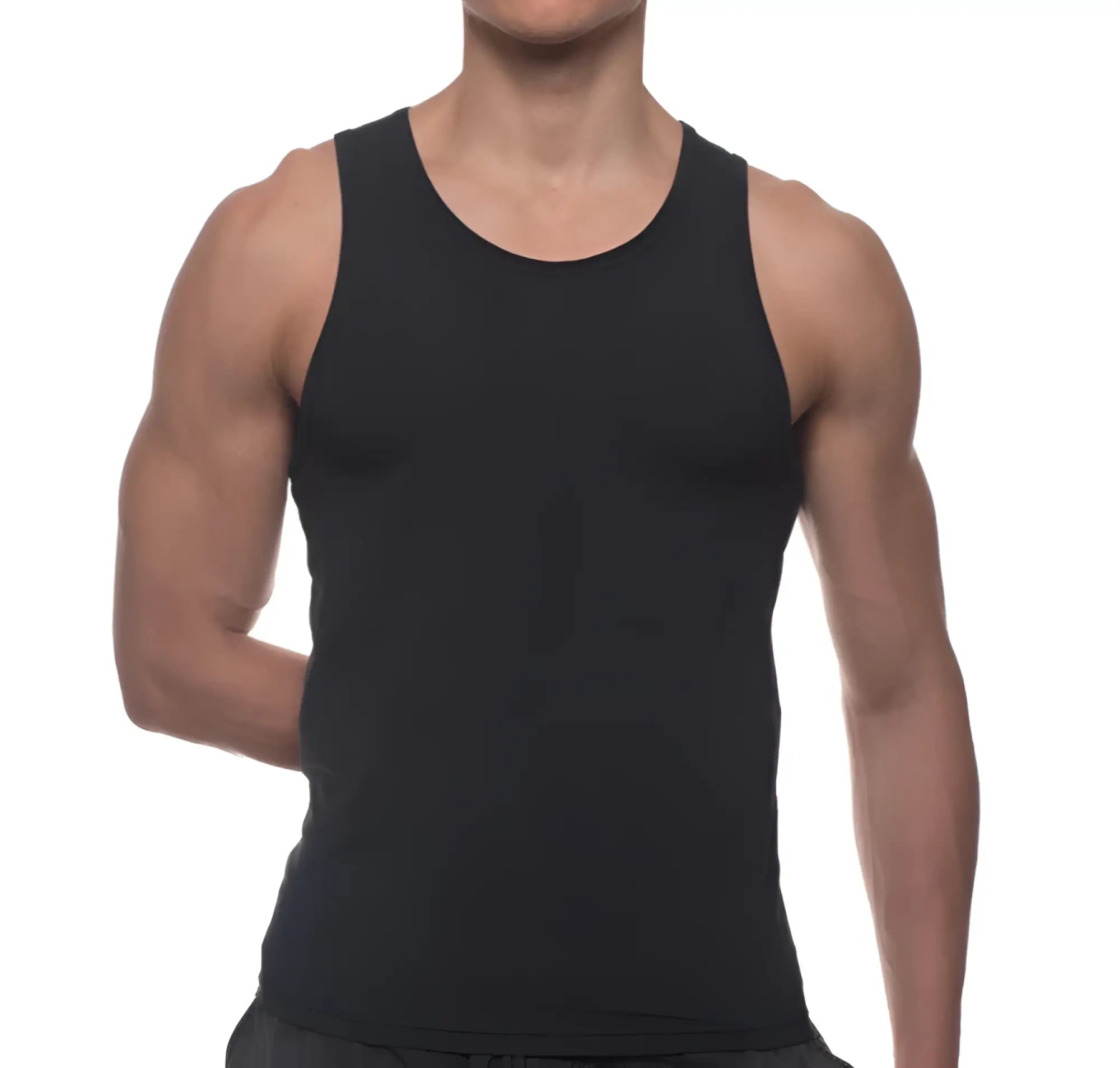 Black sleeveless tank top from body tech maximizer set with round neckline and smooth, form-fitting fabric