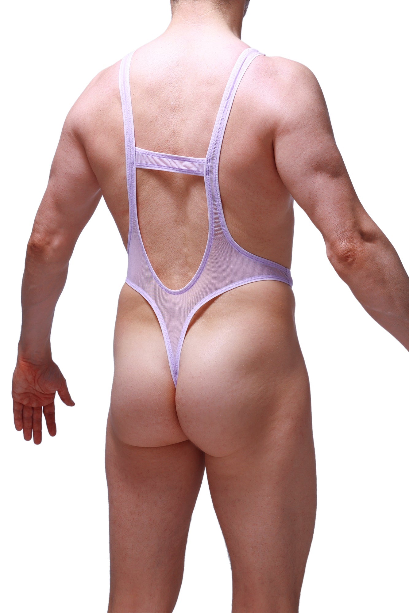 Sheer lavender petiteq bodythong aunou net lilac one-piece swimsuit with cutout back and thin straps shown from back