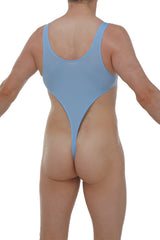 Light blue PetitQ bodythong Carbay one-piece swimsuit with wide back cutout and thin shoulder straps shown from back