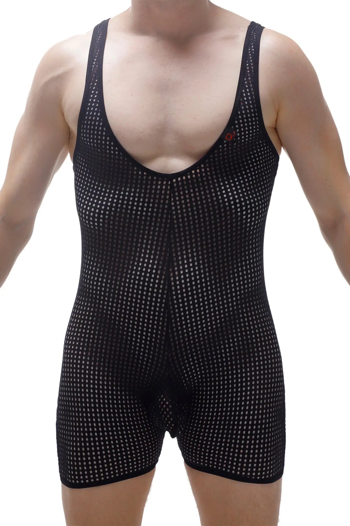 Bodyboxer Durtol black mesh singlet with tight-fitting form-hugging design and subtle white dot pattern