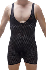 Bodyboxer Durtol black mesh singlet with tight-fitting form-hugging design and subtle white dot pattern