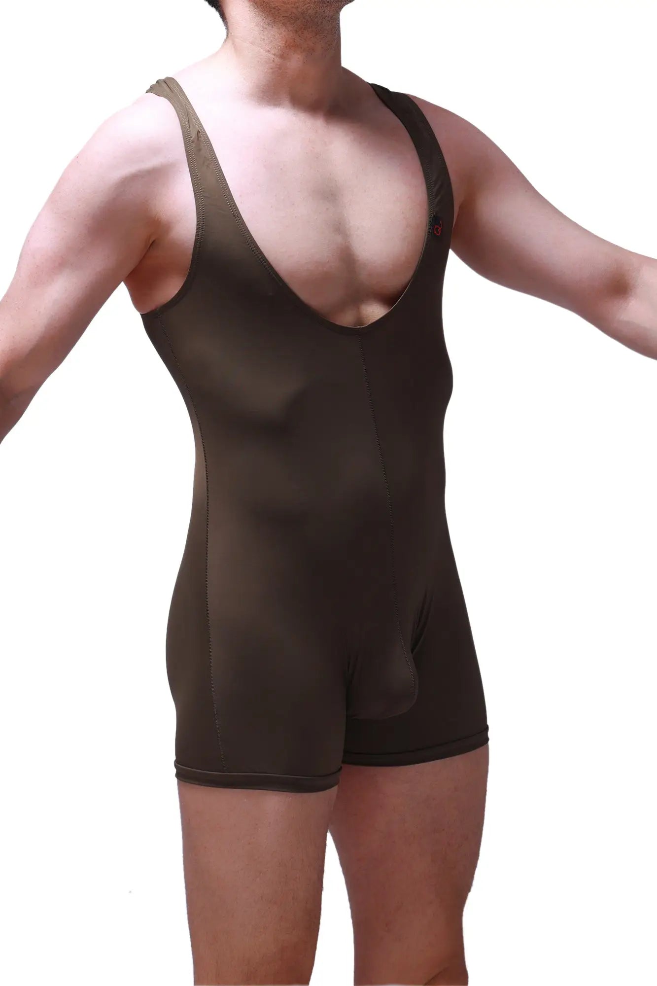 Black Bodyboxer Malay Olive one-piece athletic suit with wide straps and deep v-neckline in form-fitting fabric
