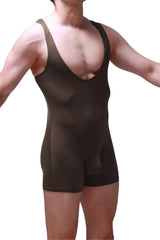 Black Bodyboxer Malay Olive one-piece athletic suit with wide straps and deep v-neckline in form-fitting fabric