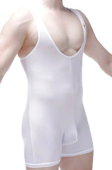White seamless athletic singlet bodyboxer Malay plum with deep v-neck and short legs in a form-fitting design