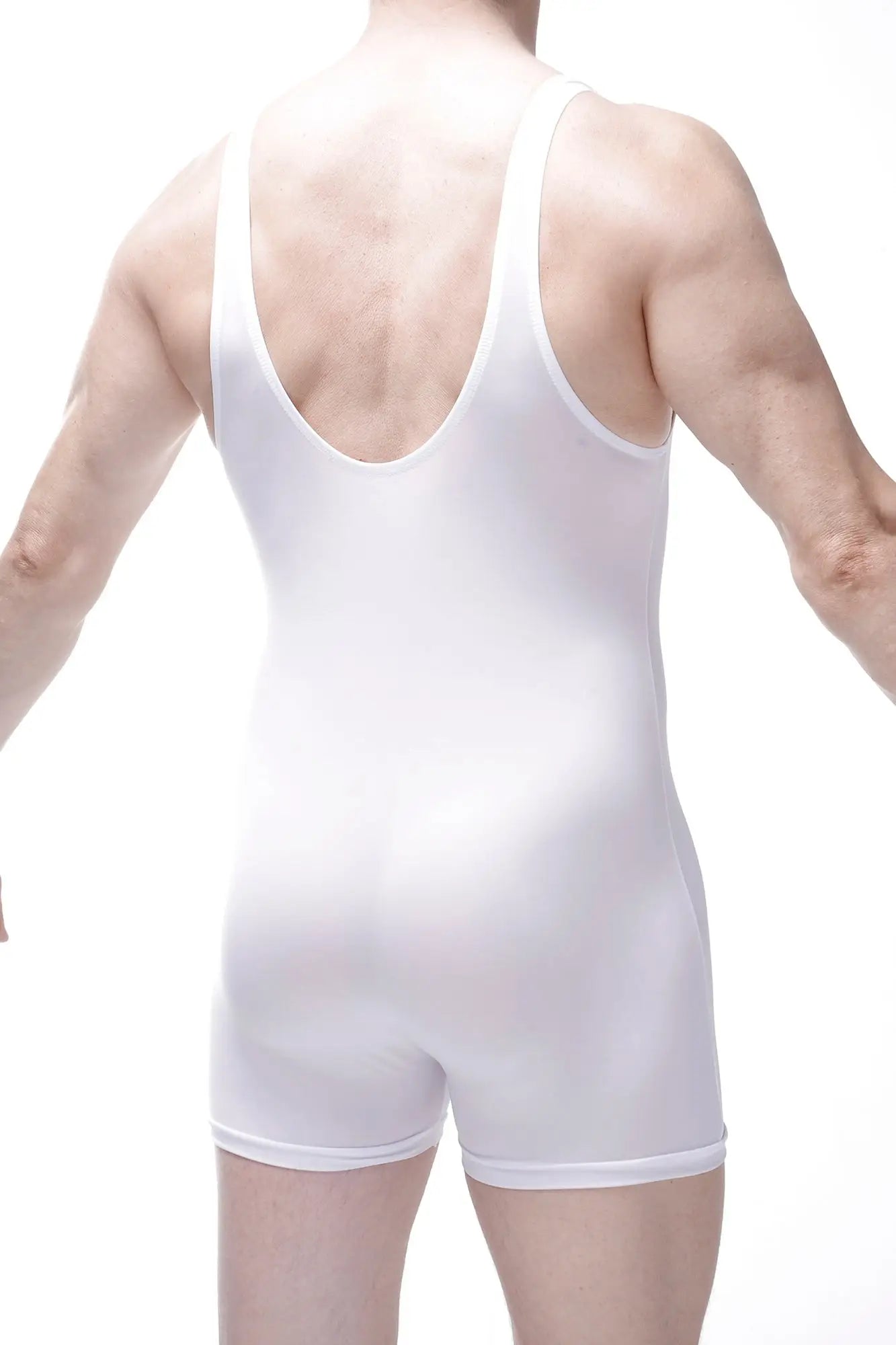 White bodyboxer malay plum singlet with seamless construction and deep back cutout shown from the back side