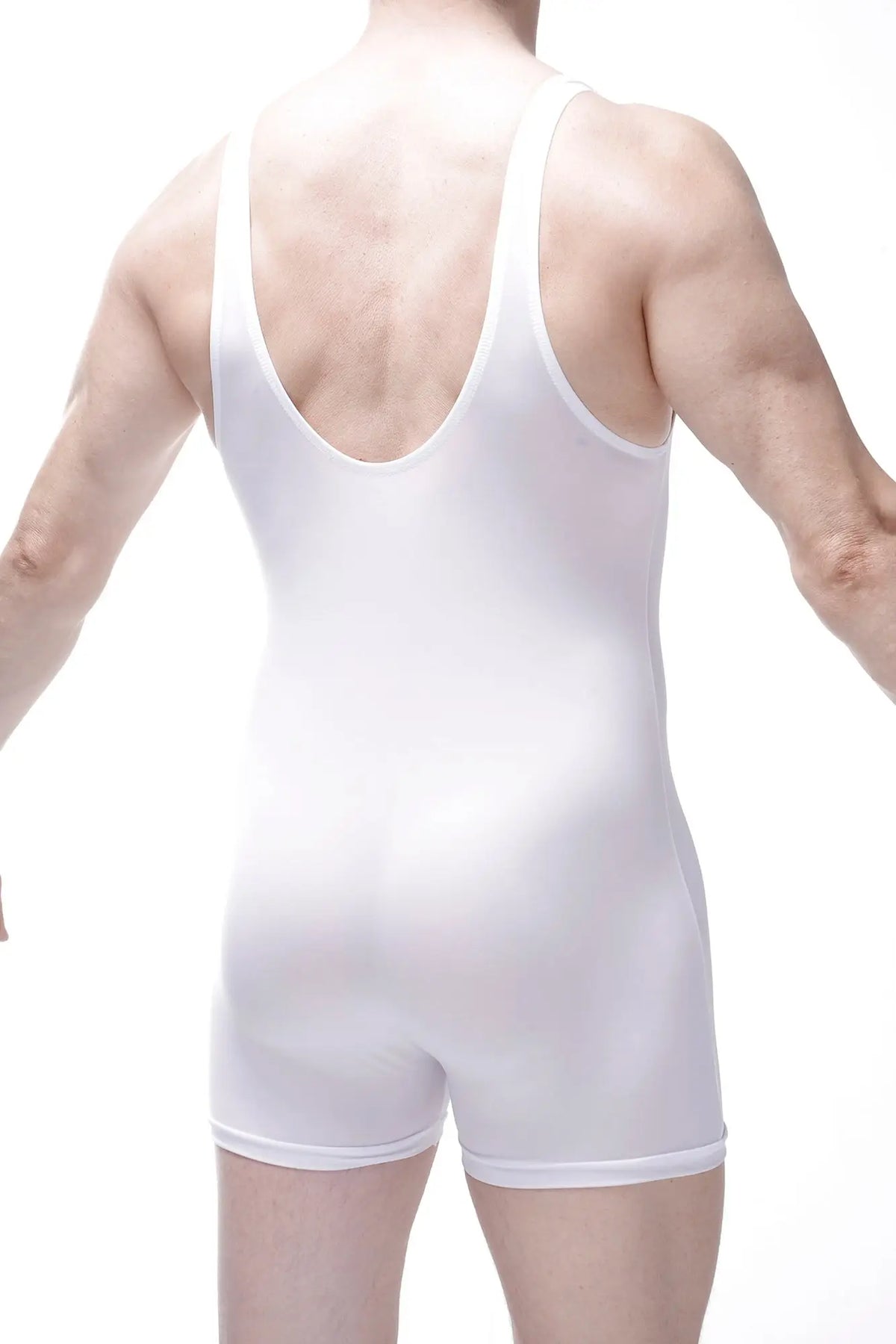 White bodyboxer malay plum singlet with seamless construction and deep back cutout shown from the back side