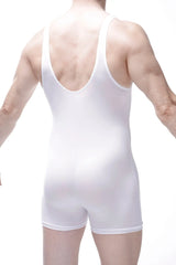 White bodyboxer malay plum singlet with seamless construction and deep back cutout shown from the back side