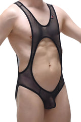 Black mesh bodysuit with cutout design made of mus net fabric by bodybriefs shown from the front side