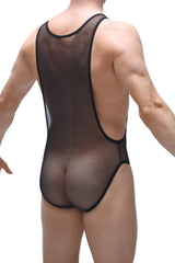 Bodybriefs mus net black one-piece swimsuit in black mesh with racerback design and solid black trim shown from the back