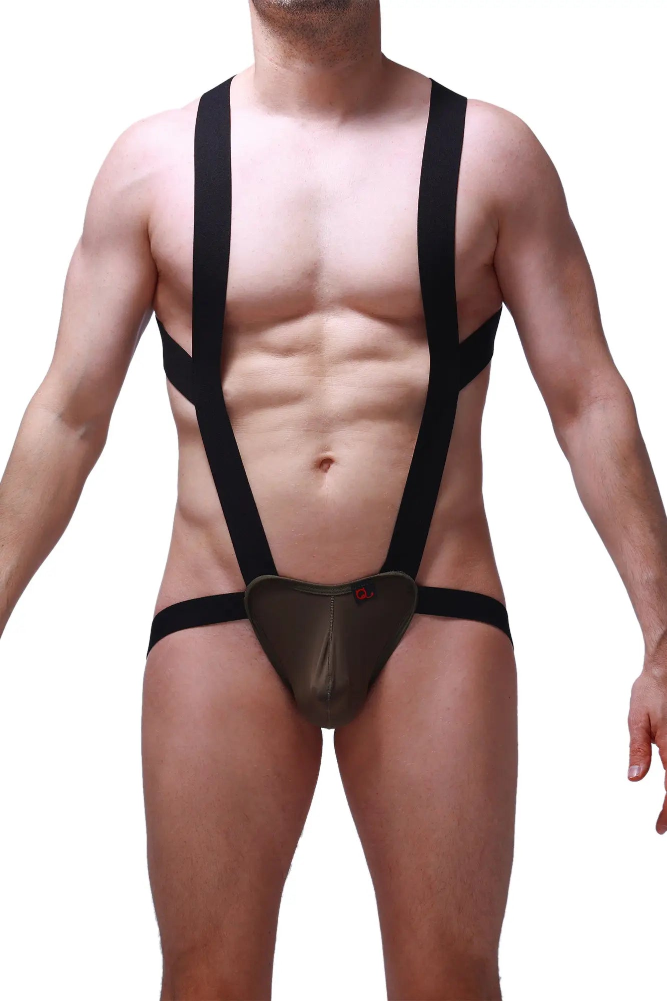 Black suspenders with a dark olive green contoured pouch front for bodyjockstrap ardun olive collection