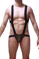 Black suspenders with a dark olive green contoured pouch front for bodyjockstrap ardun olive collection