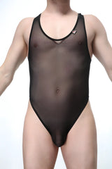 Black sheer mesh one-piece swimsuit with black trim in bodystring abos black design
