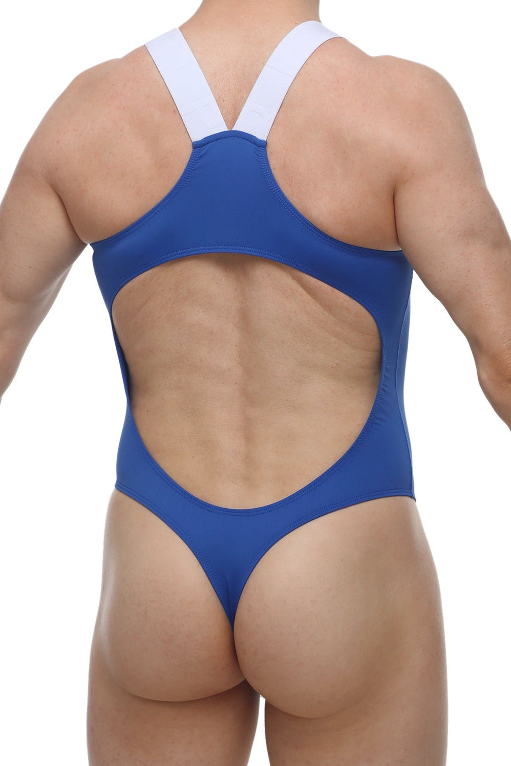 Back view of bodythong lansost blue one-piece swimsuit with white crossback straps and large back cutout