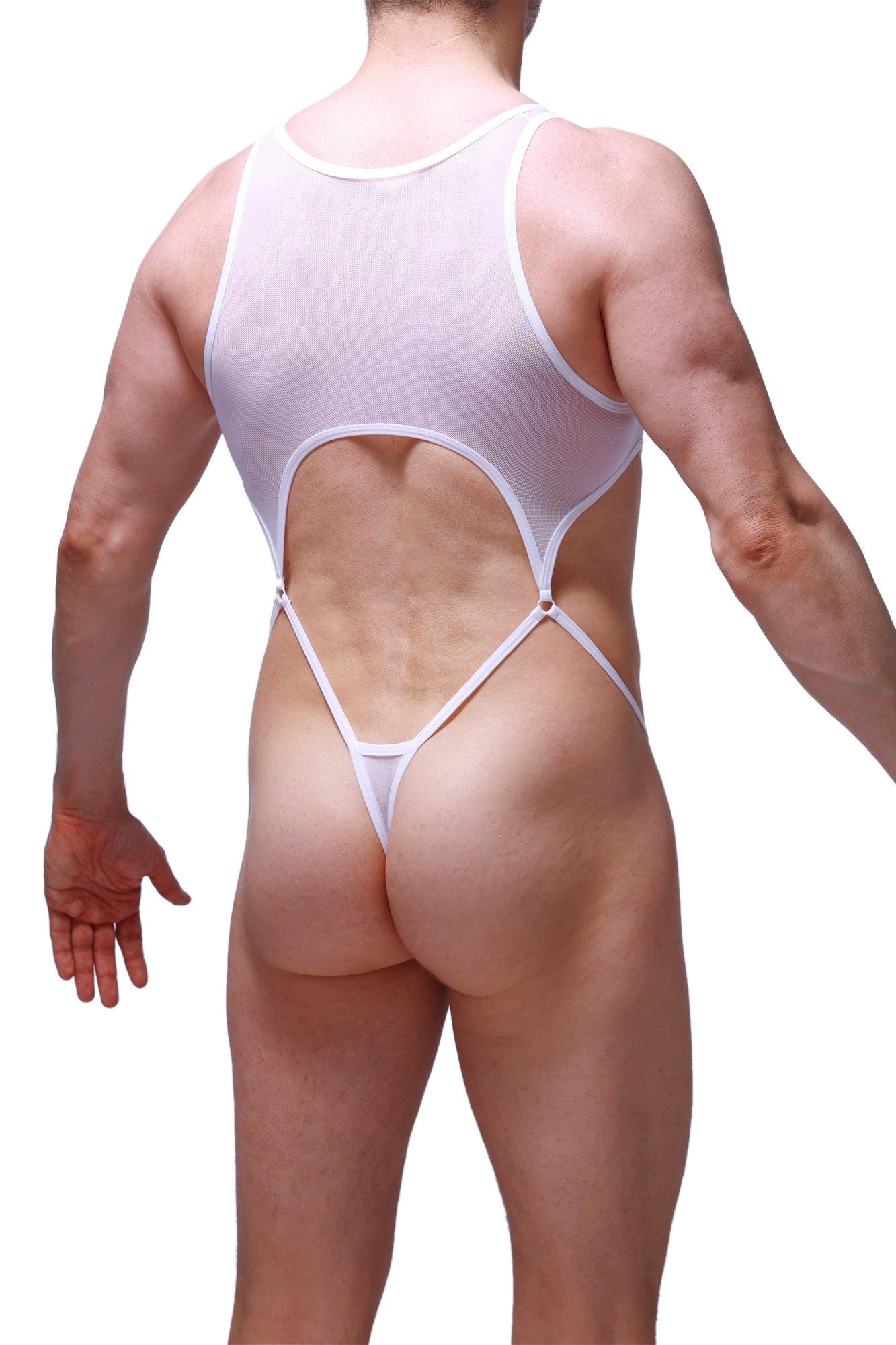 Back view of petitq bodystring naves white sheer one-piece swimsuit with cutout back and thin straps