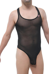 Black sheer mesh one-piece swimsuit bodystring net black with black trim and small red logo on the shoulder