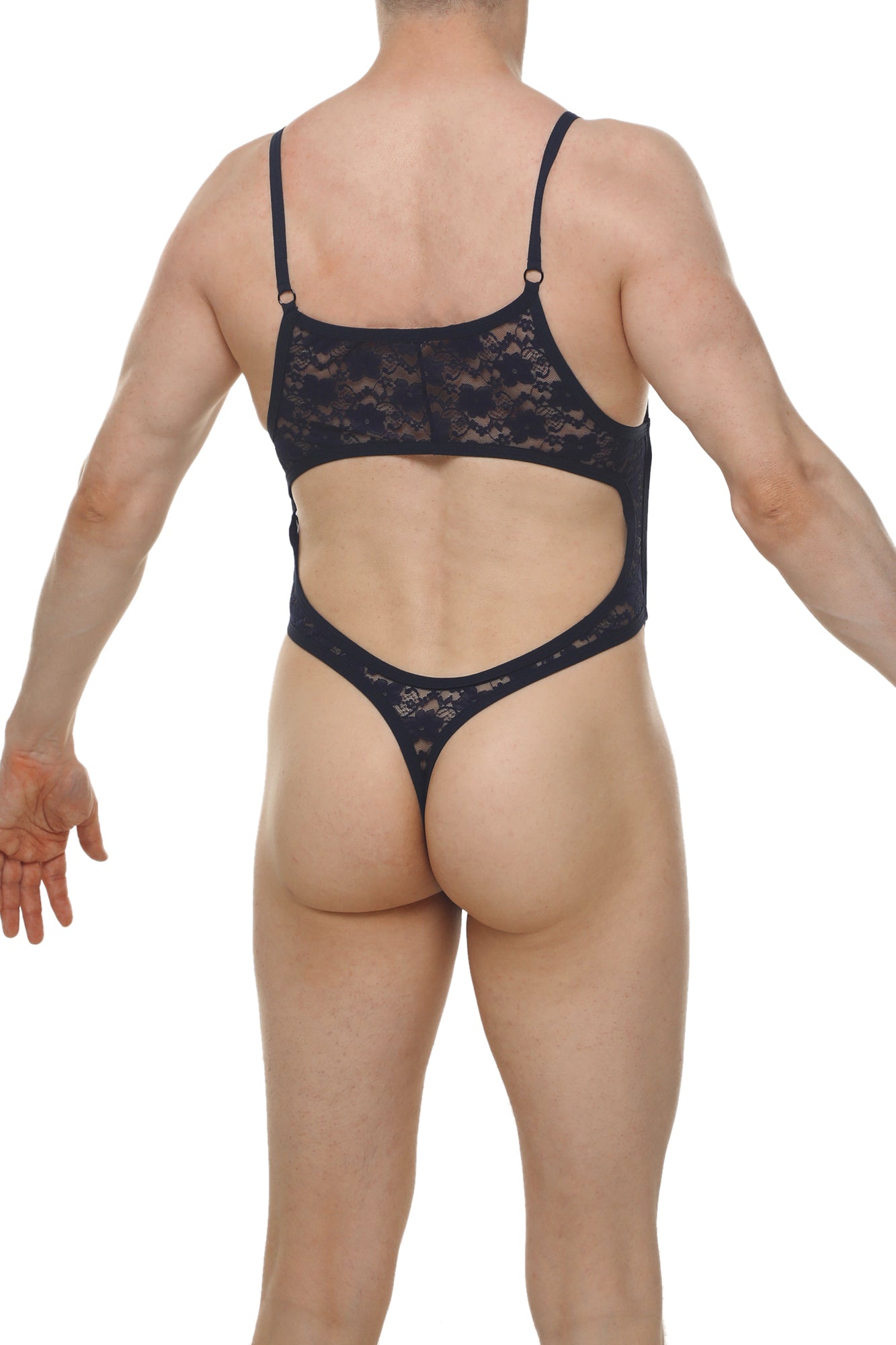 Black lace bodysuit with thin straps and cutout back design in navy material perfect for stylish layering