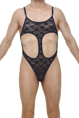 Black lace bodythong with intricate floral patterns and cut-out design in navy for elegant lingerie wear