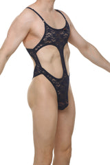 Bodythong Campsat lace navy black lace bodysuit with intricate floral patterns and thin shoulder straps