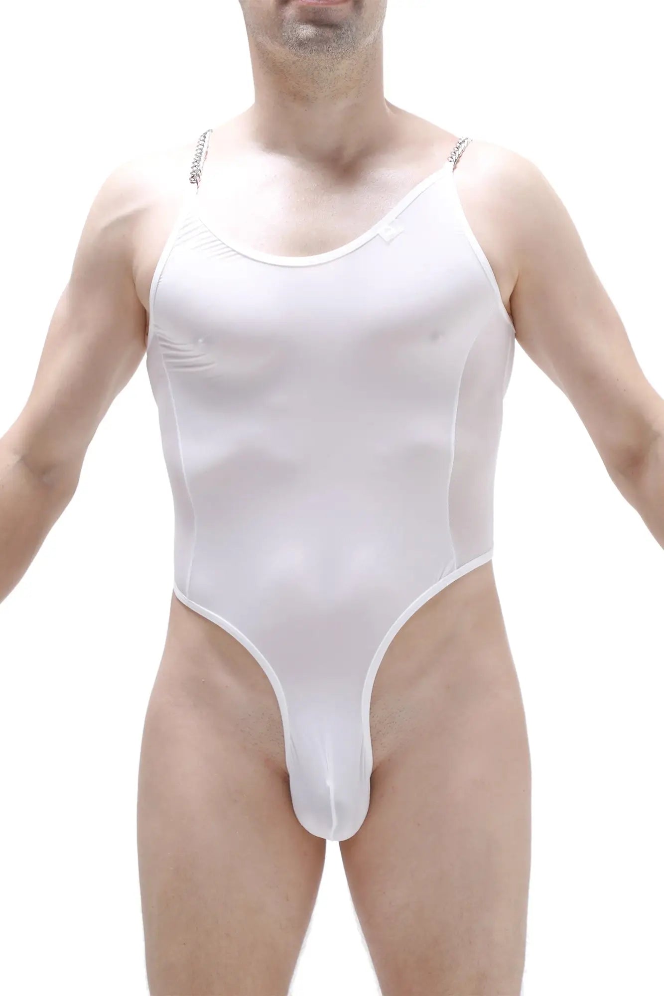 Bodysuit Bevans white form-fitting one-piece with thin shoulder straps and high-cut leg opening in soft fabric