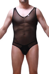 Black sheer mesh one-piece swimsuit bodysuit bolver black with black trim and small chest logo