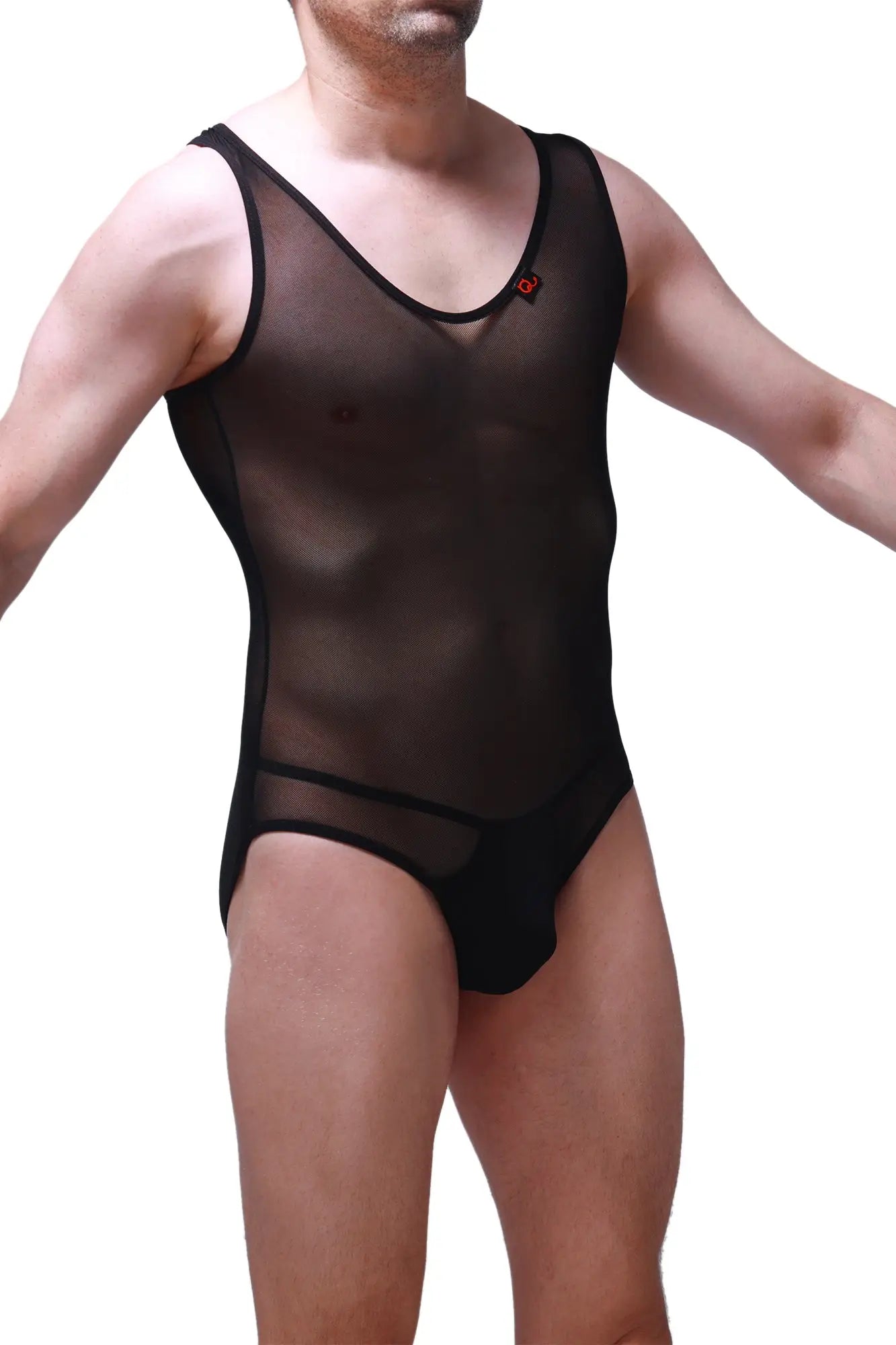 Black sheer mesh bodysuit bolver with black trim and small red logo on chest