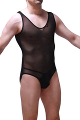 Black sheer mesh bodysuit bolver with black trim and small red logo on chest