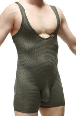 Olive green mesh wrestling singlet bodyboxer bee green with v-neck and reinforced seams for durability