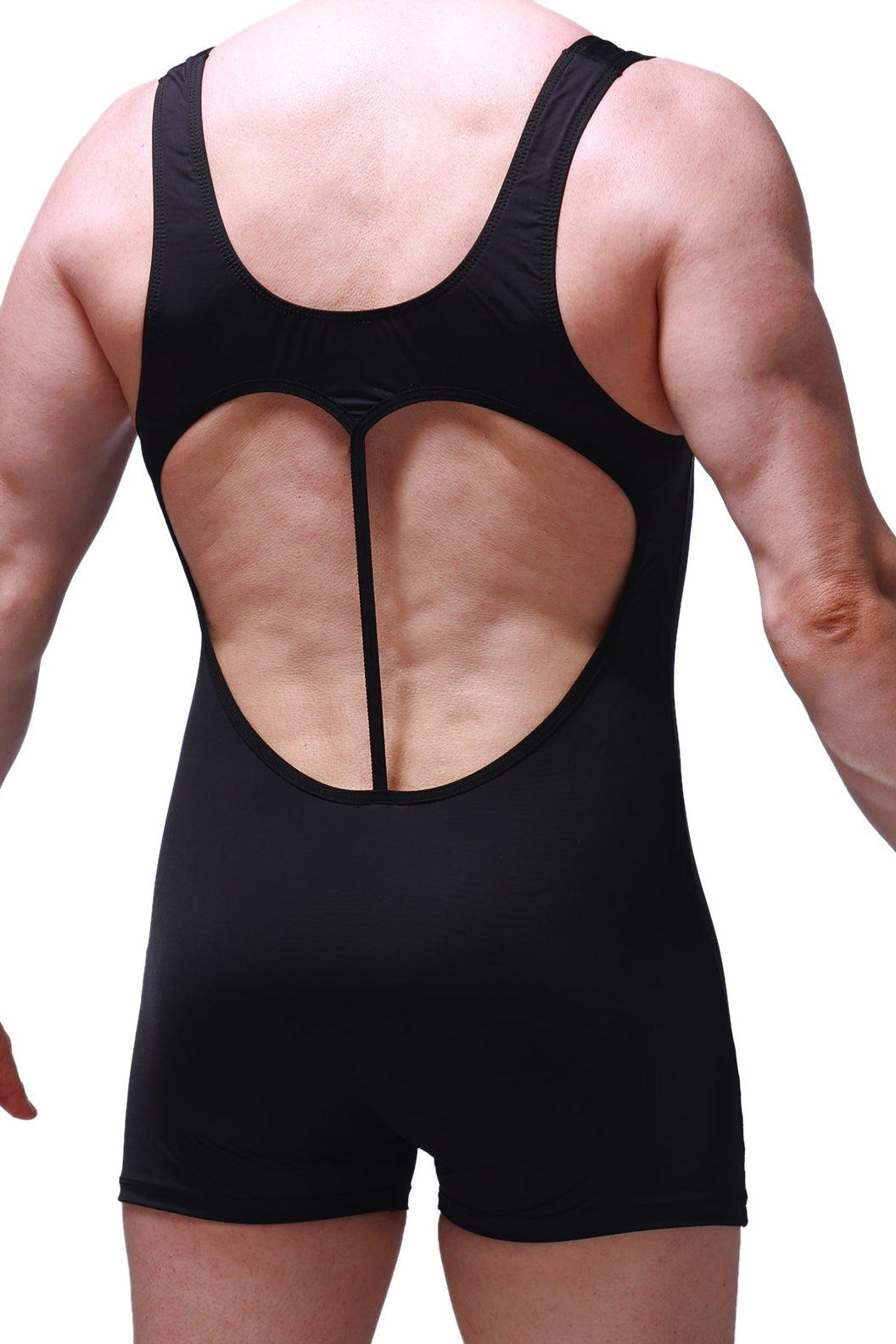 Black petitq bodysuit boxer linthal wrestling singlet with form-fitting design and heart-shaped cutout on back side