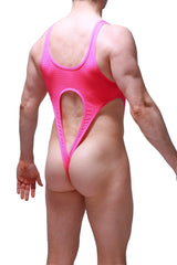 Back view of bodysuit caussol bee pink vibrant pink mesh one-piece swimsuit with distinctive cutout design