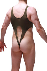 Olive green one-piece bodysuit caussol with high-cut leg and back cutout design for stylish swimwear look