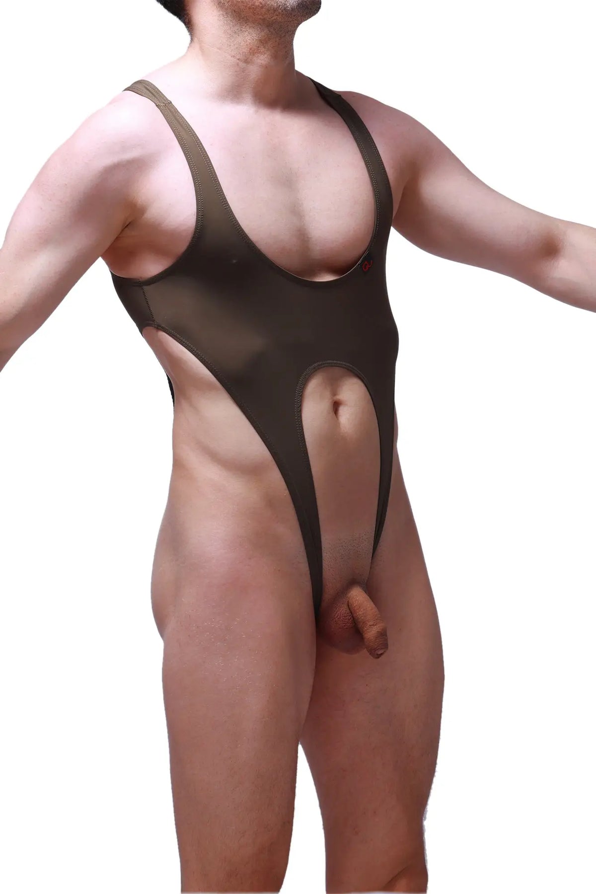 A sleek dark brown bodysuit caussol plum olive with a plunging neckline and high-cut legs in one-piece swimsuit style