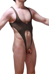 A sleek dark brown bodysuit caussol plum olive with a plunging neckline and high-cut legs in one-piece swimsuit style