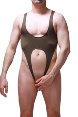 A sleek olive-green bodysuit caussol plum olive one-piece swimsuit with a plunging neckline and open-back design