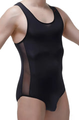 Black one-piece bodysuit herly with sheer mesh panels on the sides made of soft stretch fabric