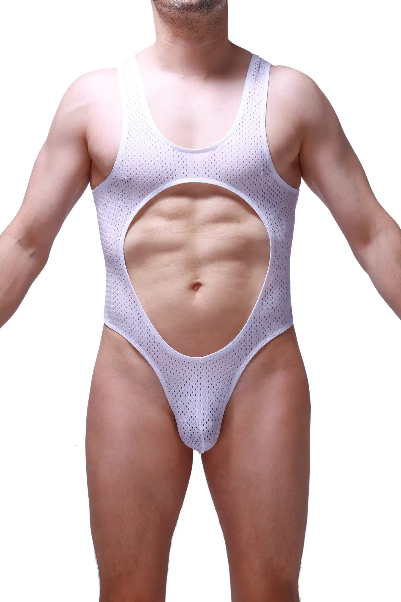 White mesh one-piece swimsuit bodysuit lerzy bee white with large circular cutout at center front