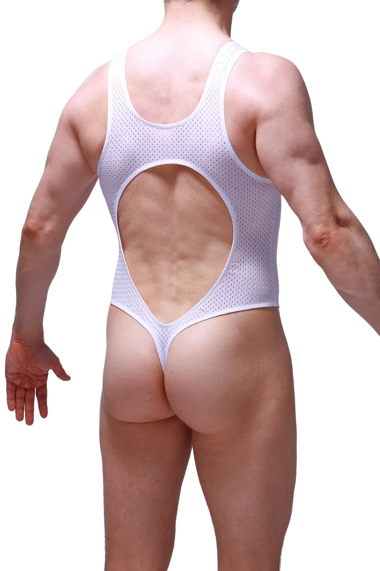 Back side of bodysuit lerzy bee white white mesh one-piece swimsuit with large circular cutout at the back