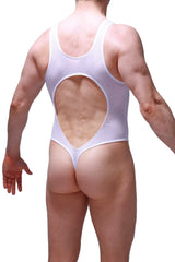 Back side of bodysuit lerzy bee white white mesh one-piece swimsuit with large circular cutout at the back