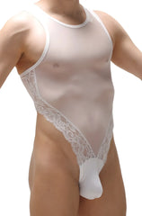 Bodysuit murol white featuring white lace trim mesh with a solid white pouch for elegant lingerie wear