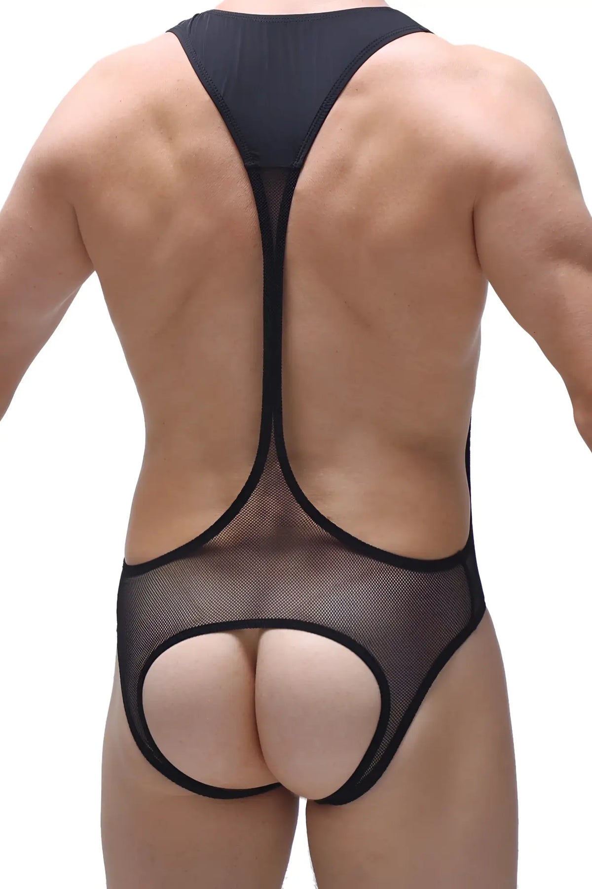 Black mesh bodysuit open net with cutout design showcasing a stylish and breathable fit