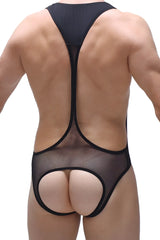 Black mesh bodysuit open net with cutout design showcasing a stylish and breathable fit