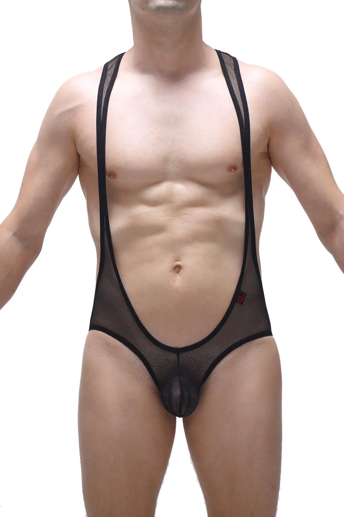 Black mesh men’s suspenders briefs bodysuit open net black sheer form-fitting design front view