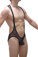 Black mesh men’s suspendersuit bodysuit open net with plunging neckline and open back shown from the back side