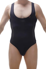 Black one-piece bodysuit raix with a scoop neckline and side panels for a sleek swimwear look