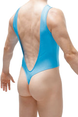 A sleek bright blue bodysuit soyons joe turquoise with deep back cutout and thin shoulder straps shown from the back