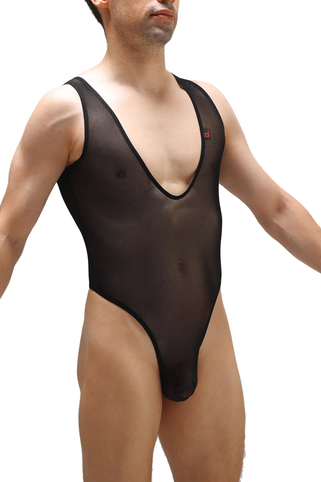 Black sheer mesh one-piece bodysuit soyons net black with black trim and small red logo on upper left chest