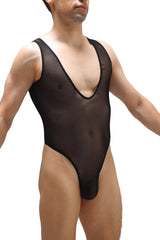 Black sheer mesh one-piece bodysuit soyons net black with black trim and small red logo on upper left chest