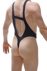 Back view of bodysuit thong gonzac black black one-piece swimsuit with cutout back design and thong style