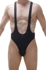 Black bodysuit thong gonzac with wide shoulder straps and deep v-neckline made of smooth fabric for stylish wear
